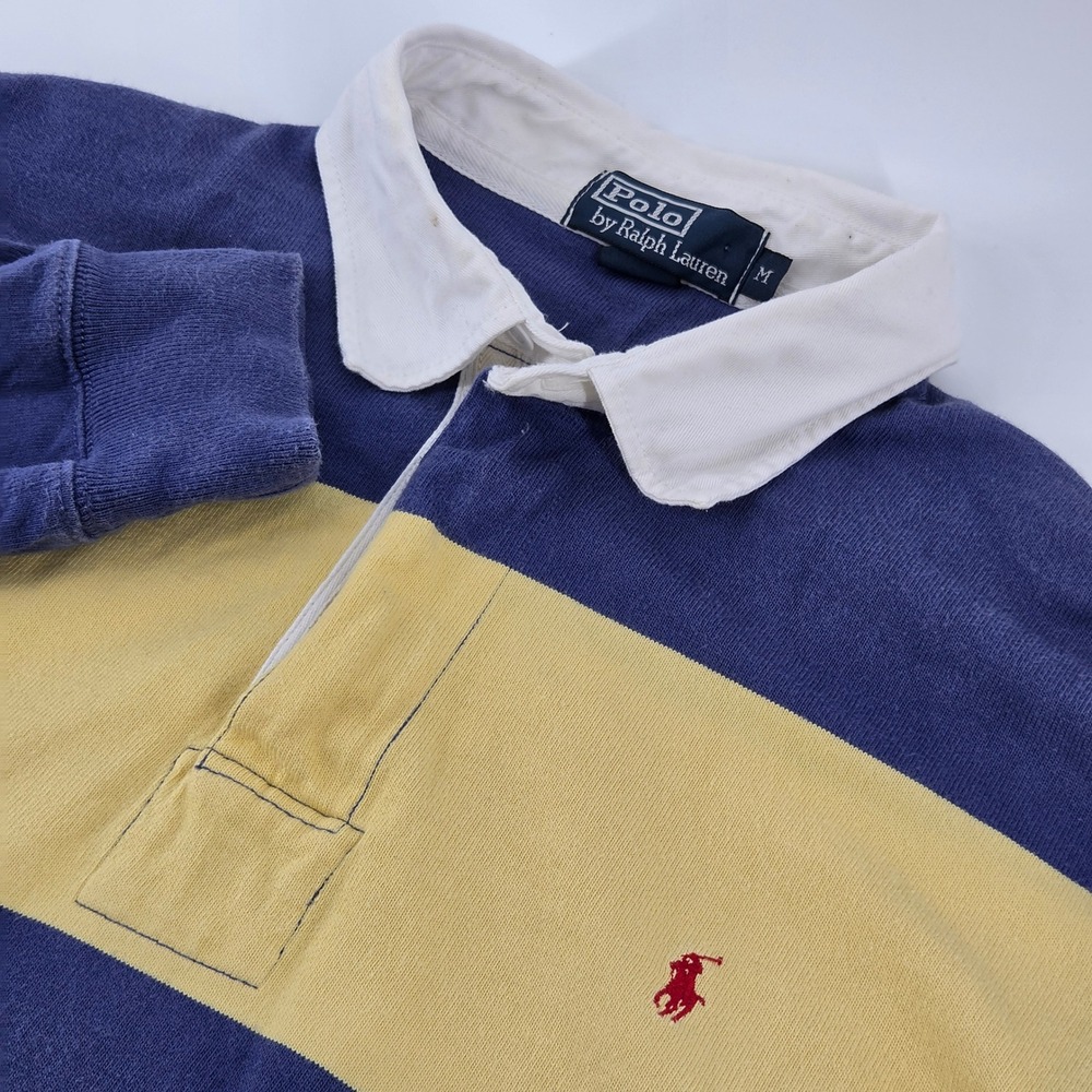 Polo Ralph Lauren Rugby Shirt Mens M Blue Yellow Striped Quarter Zip Long Sleeve